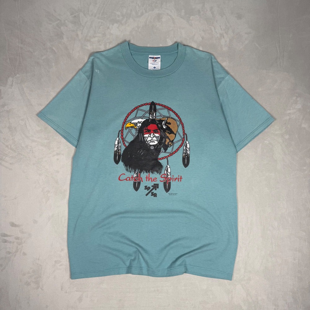 90s Mens Jerzees Catch the Spirit Graphic T-Shirt Teal Large